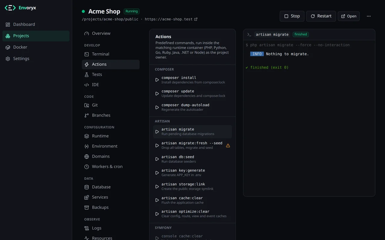 Der Bereich Aktionen mit den Composer- und Artisan-Aktionen links und der Live-Ausgabe von artisan migrate rechts