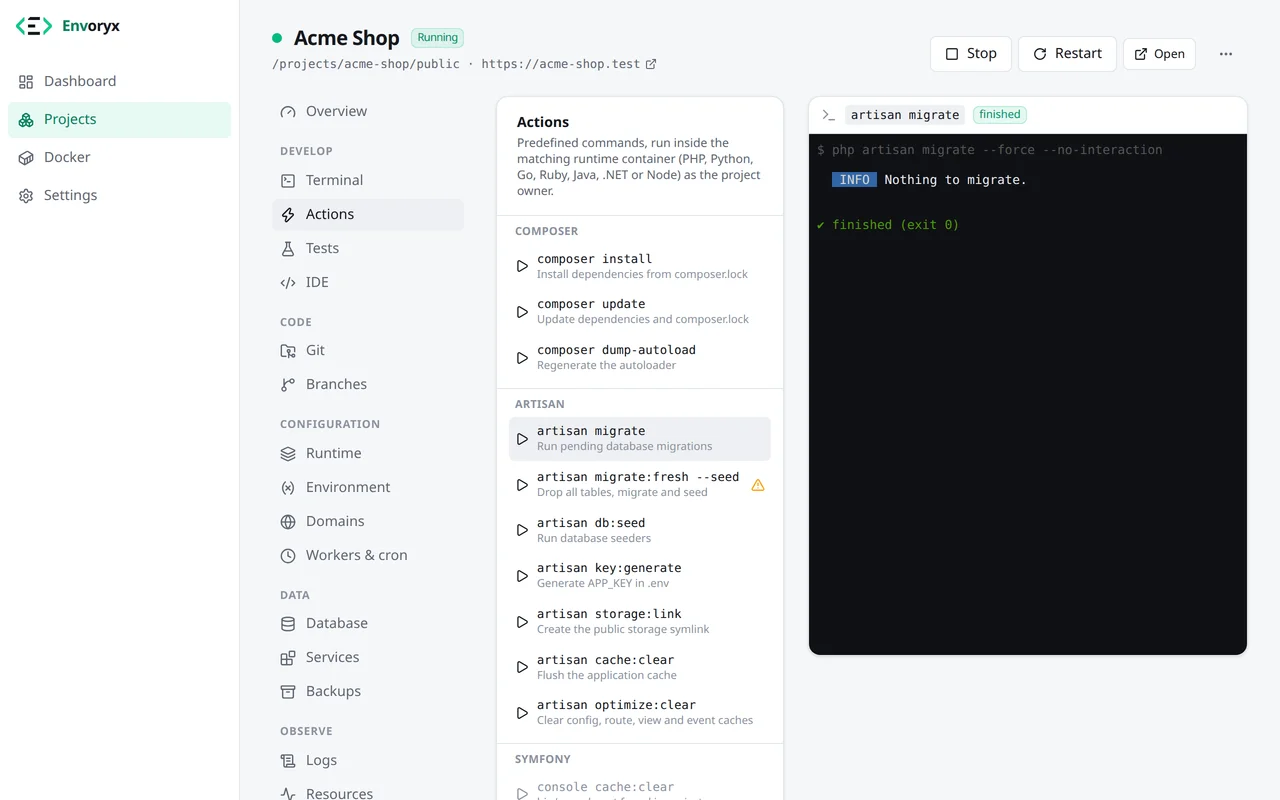 Der Bereich Aktionen mit den Composer- und Artisan-Aktionen links und der Live-Ausgabe von artisan migrate rechts