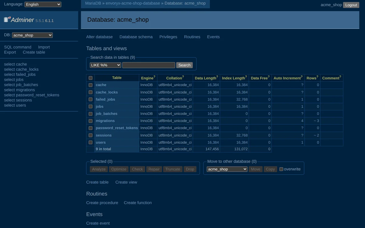 Adminer, aus Envoryx geöffnet, angemeldet an der Datenbank acme_shop mit der Liste ihrer Tabellen
