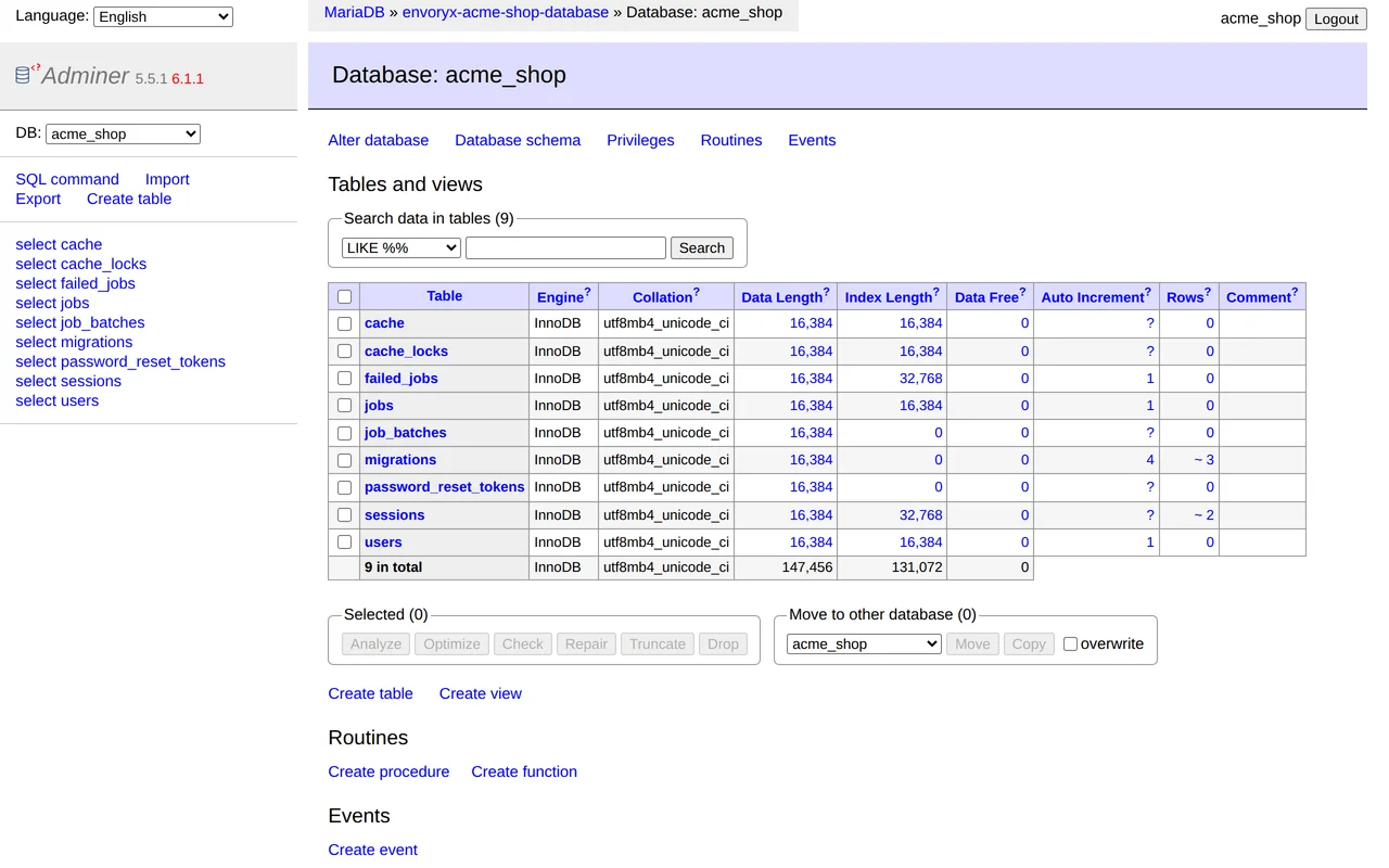 Adminer, aus Envoryx geöffnet, angemeldet an der Datenbank acme_shop mit der Liste ihrer Tabellen