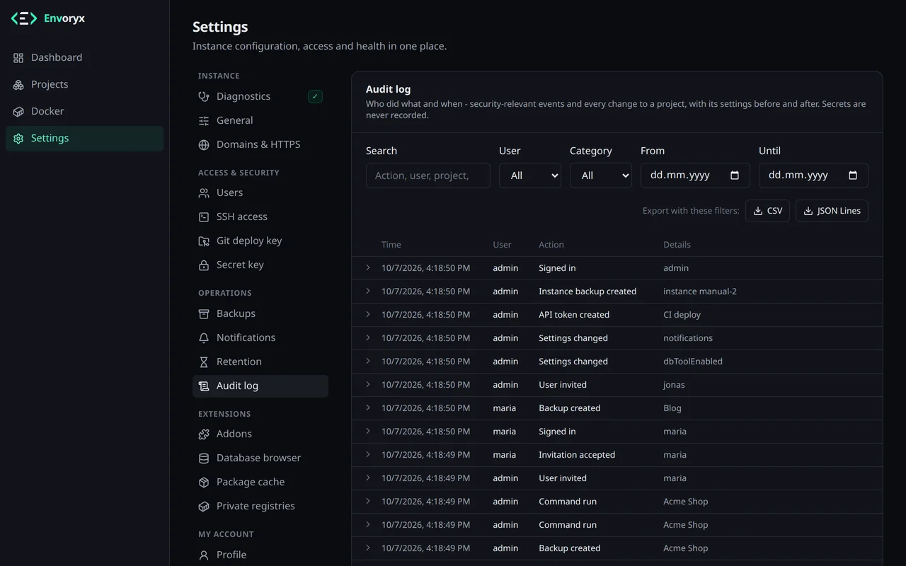 Das Audit-Log mit Filtern für Text, Benutzer, Kategorie und Datum, dem Export als CSV und JSON Lines und einer Liste der letzten Einträge