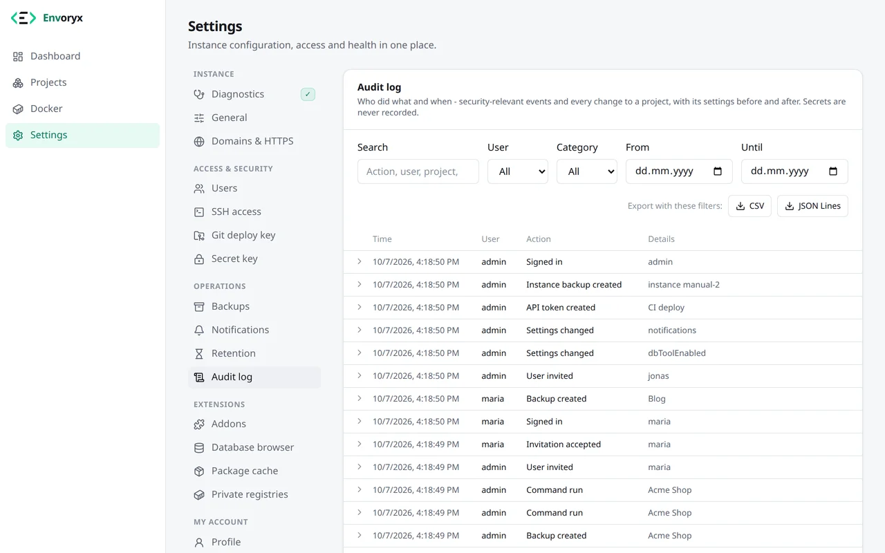 Das Audit-Log mit Filtern für Text, Benutzer, Kategorie und Datum, dem Export als CSV und JSON Lines und einer Liste der letzten Einträge