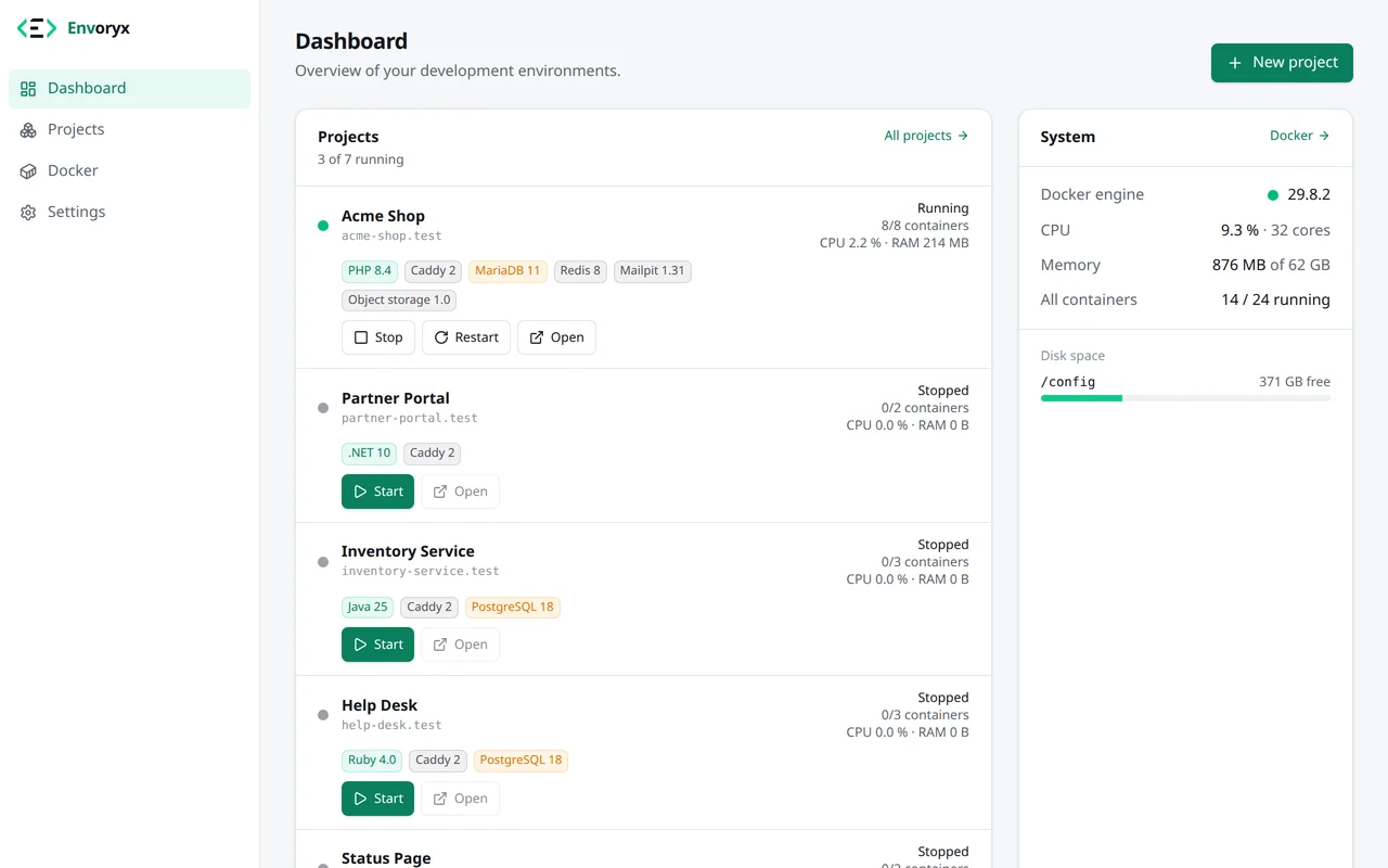 Das Dashboard von Envoryx mit der Projektliste, Zustand und Verbrauch der Projekte, der Systemkarte rechts und dem Button „Neues Projekt“ oben