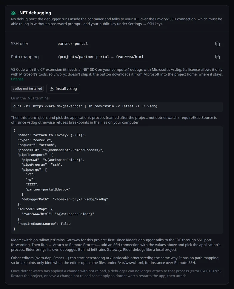 Die Karte .NET debugging im Bereich IDE mit SSH-Benutzer, Pfadzuordnung, dem Knopf vsdbg installieren samt Befehl für das Terminal, der launch.json für VS Code und den Schritten für Rider