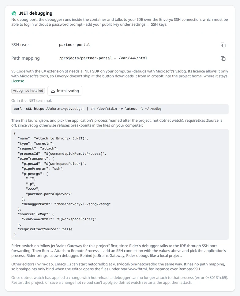 Die Karte .NET debugging im Bereich IDE mit SSH-Benutzer, Pfadzuordnung, dem Knopf vsdbg installieren samt Befehl für das Terminal, der launch.json für VS Code und den Schritten für Rider