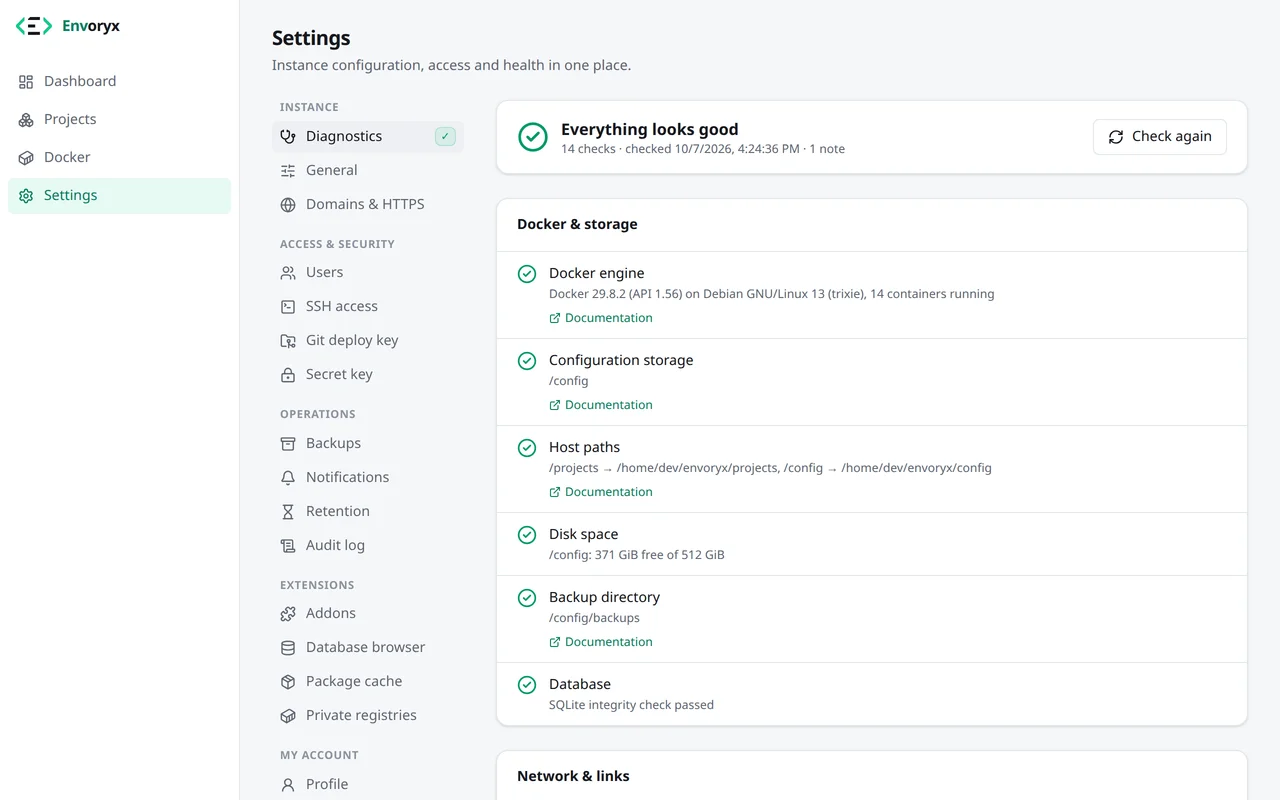 Einstellungen, Diagnose: Alles in Ordnung, mit den Prüfungen für Docker-Engine, Konfigurationsspeicher, Host-Pfade, Speicherplatz, Backup-Verzeichnis und Datenbank