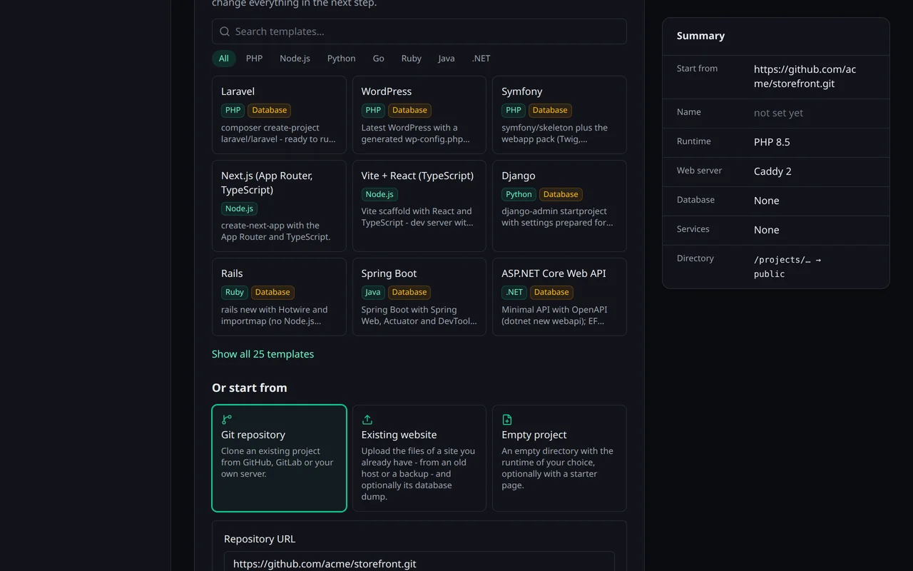 Der Assistent mit gewähltem Git-Repository: Felder für Repository-URL und Branch und die Auswahl, was das Repository ausführt
