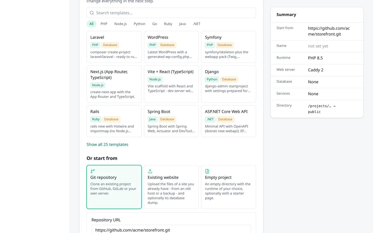 Der Assistent mit gewähltem Git-Repository: Felder für Repository-URL und Branch und die Auswahl, was das Repository ausführt