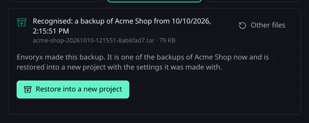 Die Quelle Bestehende Website nach dem Hochladen eines heruntergeladenen Backups: als Backup von Acme Shop erkannt, mit dem Knopf In neues Projekt wiederherstellen