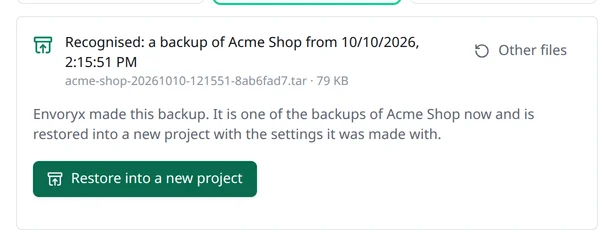Die Quelle Bestehende Website nach dem Hochladen eines heruntergeladenen Backups: als Backup von Acme Shop erkannt, mit dem Knopf In neues Projekt wiederherstellen