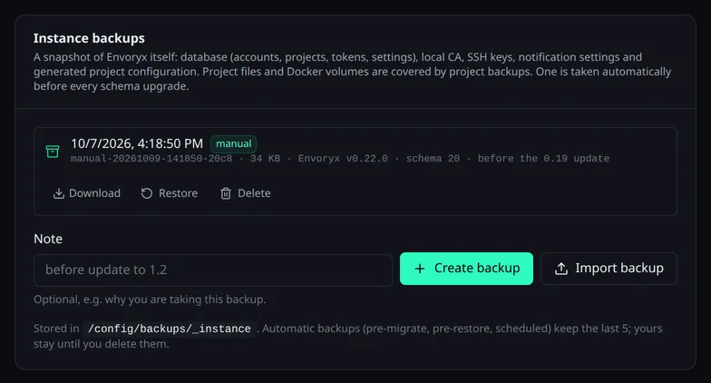 Die Karte Instanz-Backups mit einem manuellen Backup und seinen Buttons Herunterladen, Wiederherstellen und Löschen, darunter das Notizfeld mit „Backup erstellen“ und „Backup importieren“