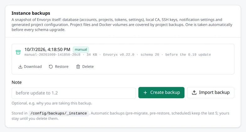 Die Karte Instanz-Backups mit einem manuellen Backup und seinen Buttons Herunterladen, Wiederherstellen und Löschen, darunter das Notizfeld mit „Backup erstellen“ und „Backup importieren“