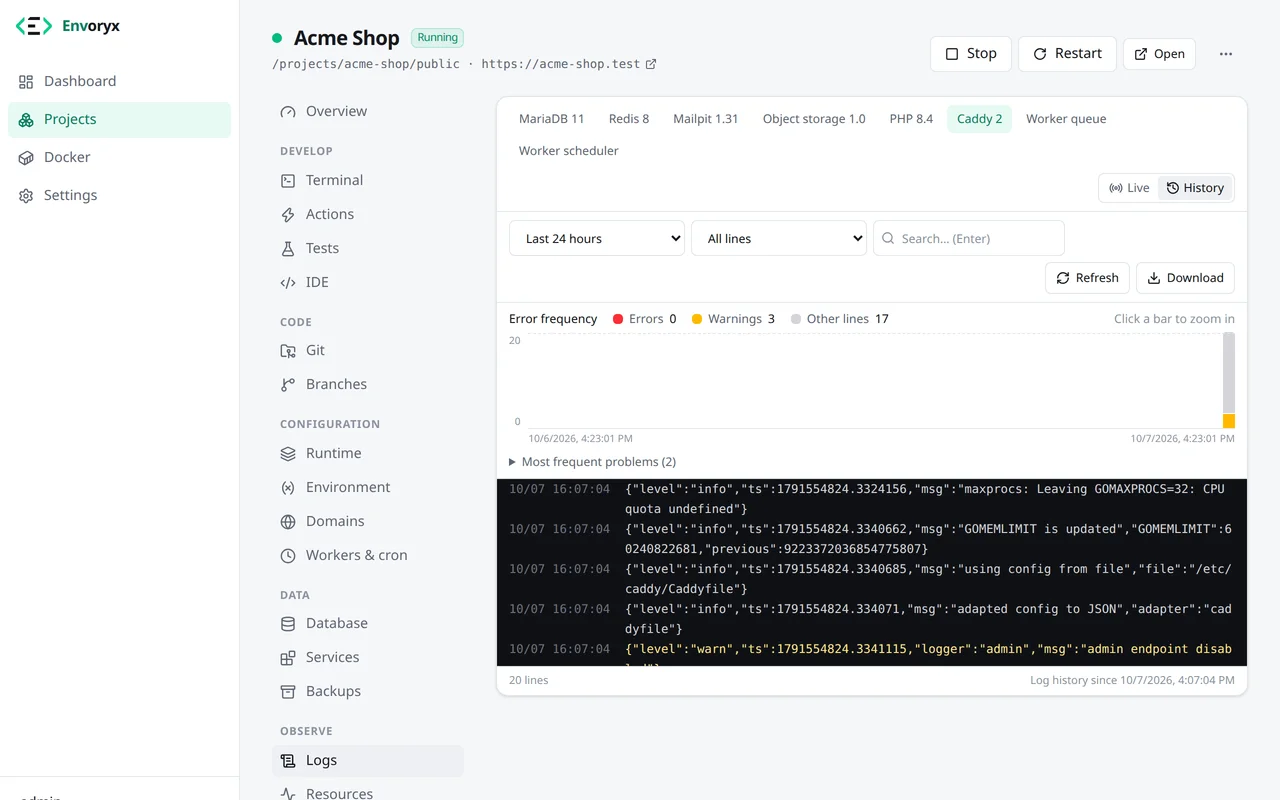Die Ansicht Verlauf im Log des Webservers: Filter für Zeitraum und Level, ein Diagramm mit Fehlern, Warnungen und übrigen Zeilen und darunter die passenden Logzeilen