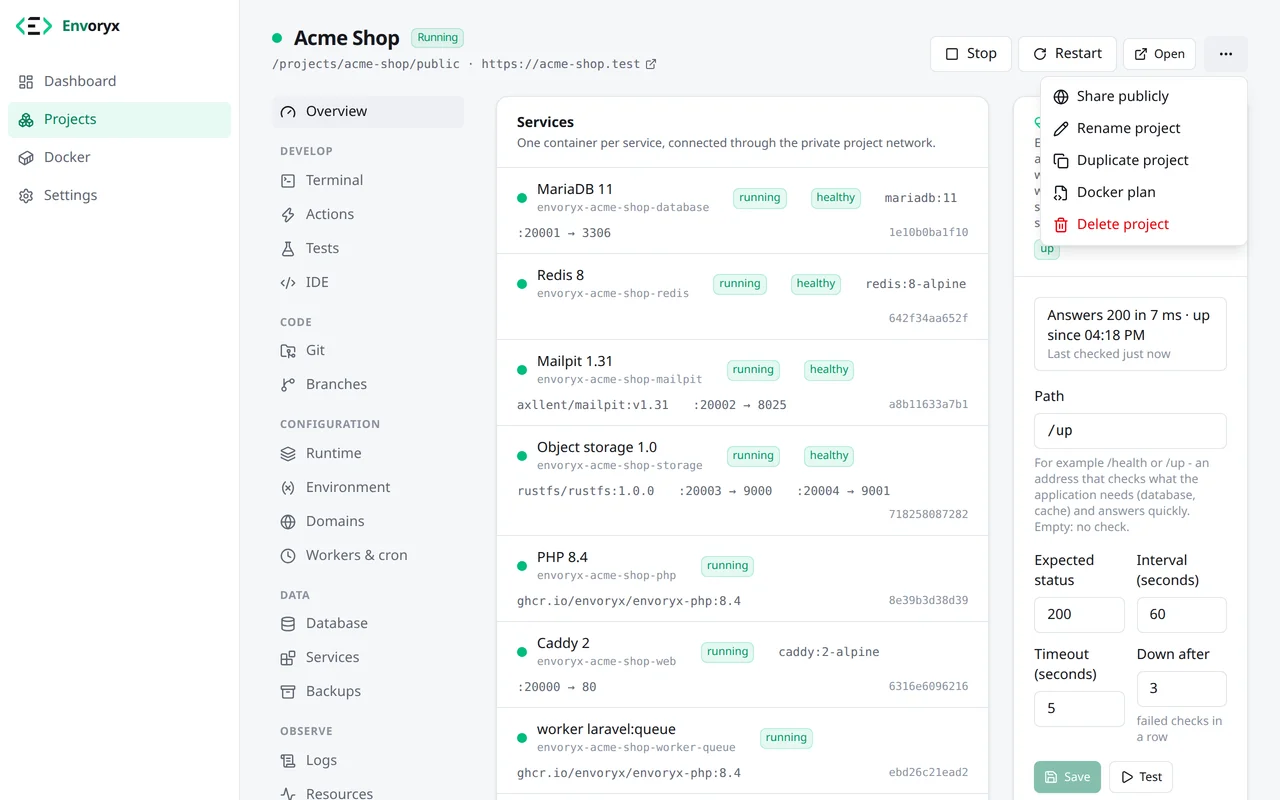 Der Projektkopf mit Stoppen, Neu starten und Öffnen und dem geöffneten Menü „Weitere Aktionen“: Öffentlich teilen, Projekt umbenennen, Projekt duplizieren, Docker-Plan, Projekt löschen