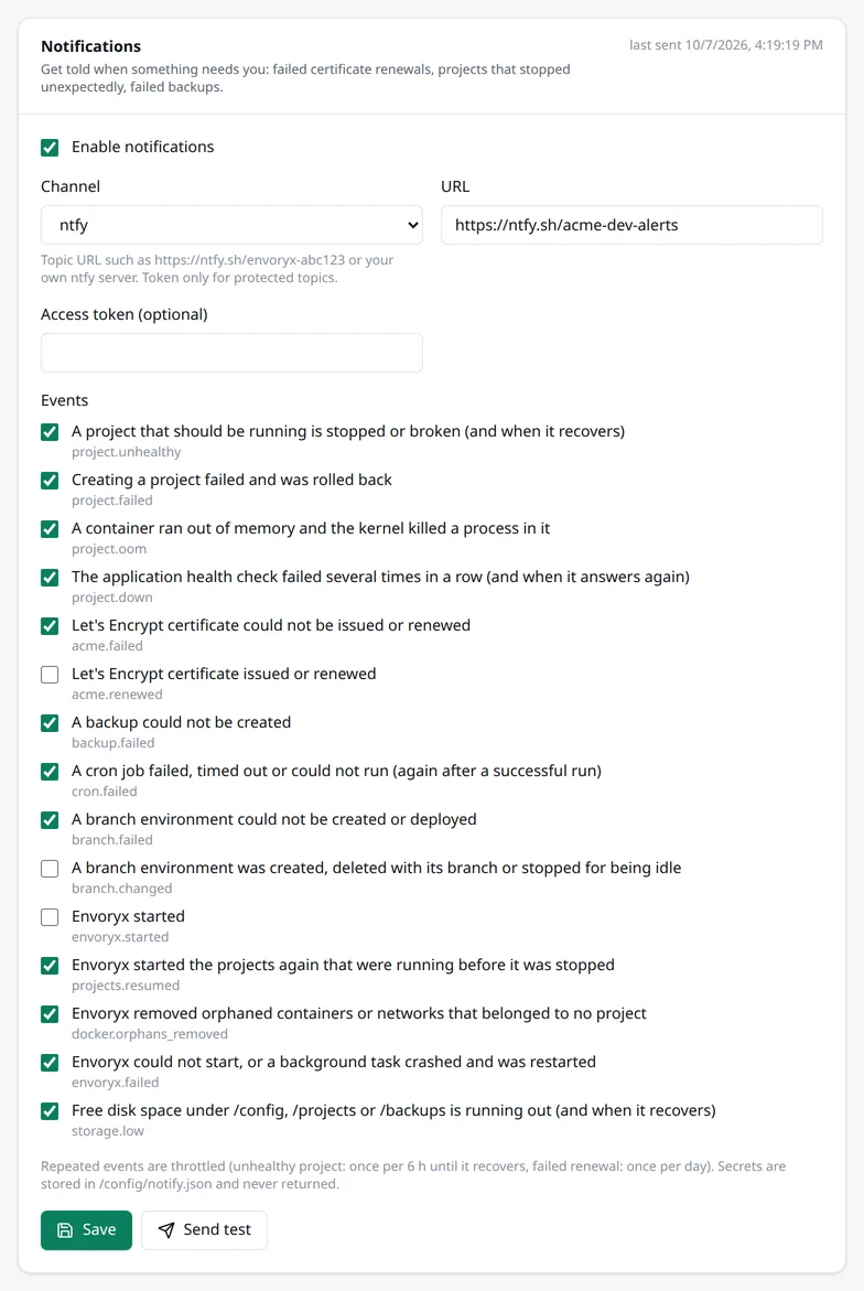 Die Einstellungen für Benachrichtigungen mit ntfy als Kanal, der Topic-URL und der Liste der Ereignisse