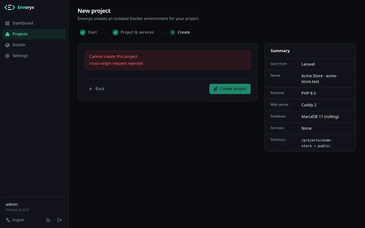 Der Schritt „Erstellen“ für ein Laravel-Projekt: Kennung, Template, Dateien, URL und Netzwerk, darunter die Container mit Images, Ports und Mounts