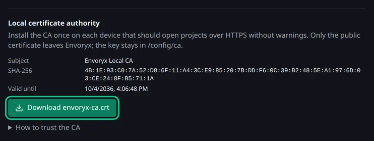 Der Abschnitt „Lokale Zertifizierungsstelle“ in den Einstellungen unter Domains & HTTPS mit Subject, Fingerabdruck, Ablaufdatum und dem hervorgehobenen Button „envoryx-ca.crt herunterladen“