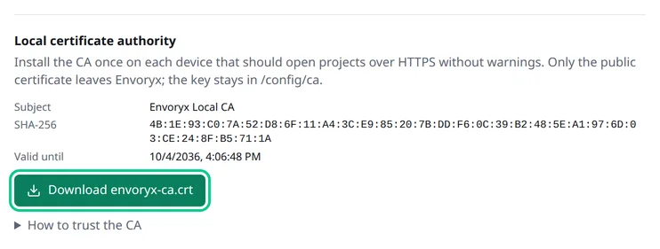 Der Abschnitt „Lokale Zertifizierungsstelle“ in den Einstellungen unter Domains & HTTPS mit Subject, Fingerabdruck, Ablaufdatum und dem hervorgehobenen Button „envoryx-ca.crt herunterladen“