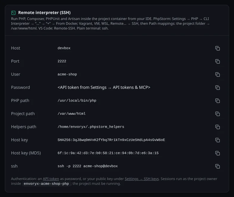 Die Karte Remote-Interpreter (SSH) im Bereich IDE: Host, Port, Benutzer, PHP- und Projektpfad, der Host-Key und ein fertiger ssh-Befehl
