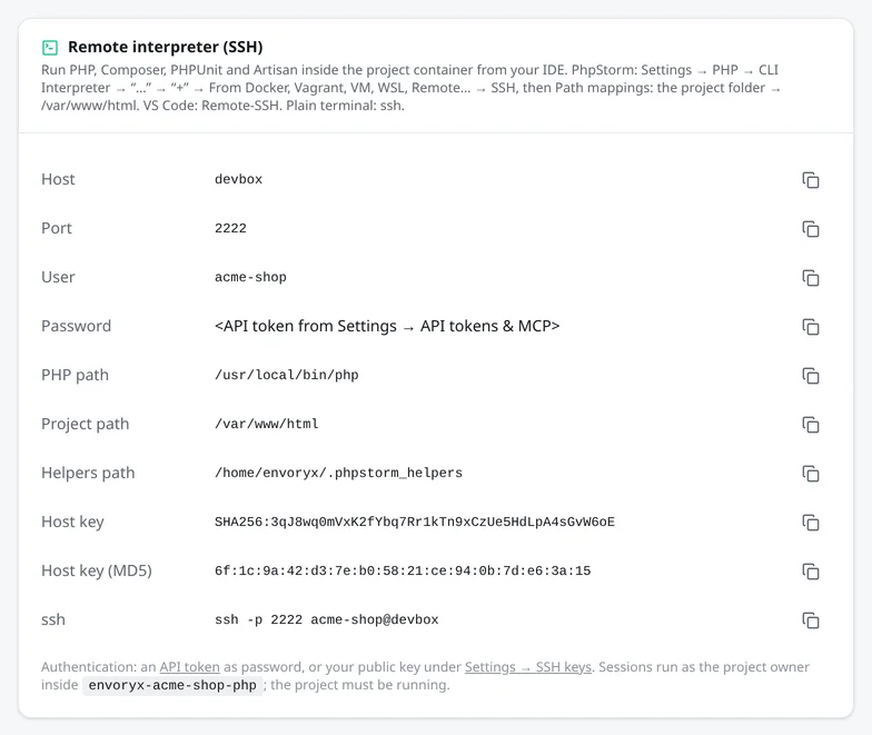 Die Karte Remote-Interpreter (SSH) im Bereich IDE: Host, Port, Benutzer, PHP- und Projektpfad, der Host-Key und ein fertiger ssh-Befehl