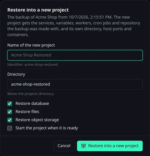 Der Dialog In neues Projekt wiederherstellen für ein Backup von Acme Shop: Name und Verzeichnis des neuen Projekts und Häkchen für Datenbank, Dateien, Objektspeicher und den Start