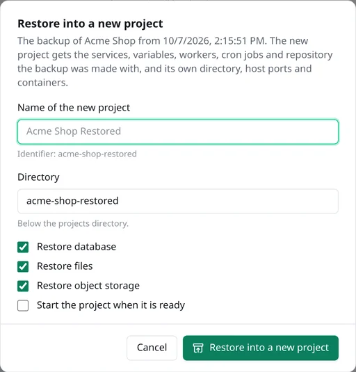 Der Dialog In neues Projekt wiederherstellen für ein Backup von Acme Shop: Name und Verzeichnis des neuen Projekts und Häkchen für Datenbank, Dateien, Objektspeicher und den Start