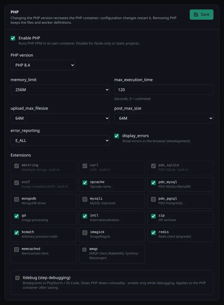 Die Karte PHP im Bereich Laufzeit: PHP-Version, memory_limit, Upload- und Laufzeitgrenzen, error_reporting und die Erweiterungen zum Einschalten