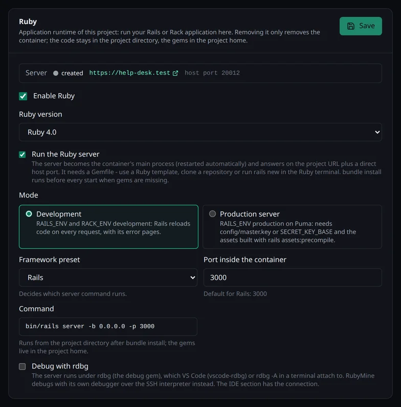 Die Karte Ruby im Bereich Laufzeit mit der Version, dem eingeschalteten Rails-Server, dem Modus, dem Port und der Option für rdbg