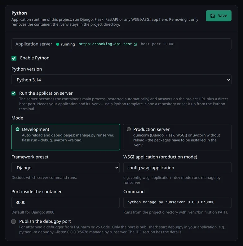 Die Karte Python im Bereich Laufzeit mit dem laufenden Anwendungsserver, dem Entwicklungsmodus, dem Django-Preset, der WSGI-Anwendung und der Option für debugpy