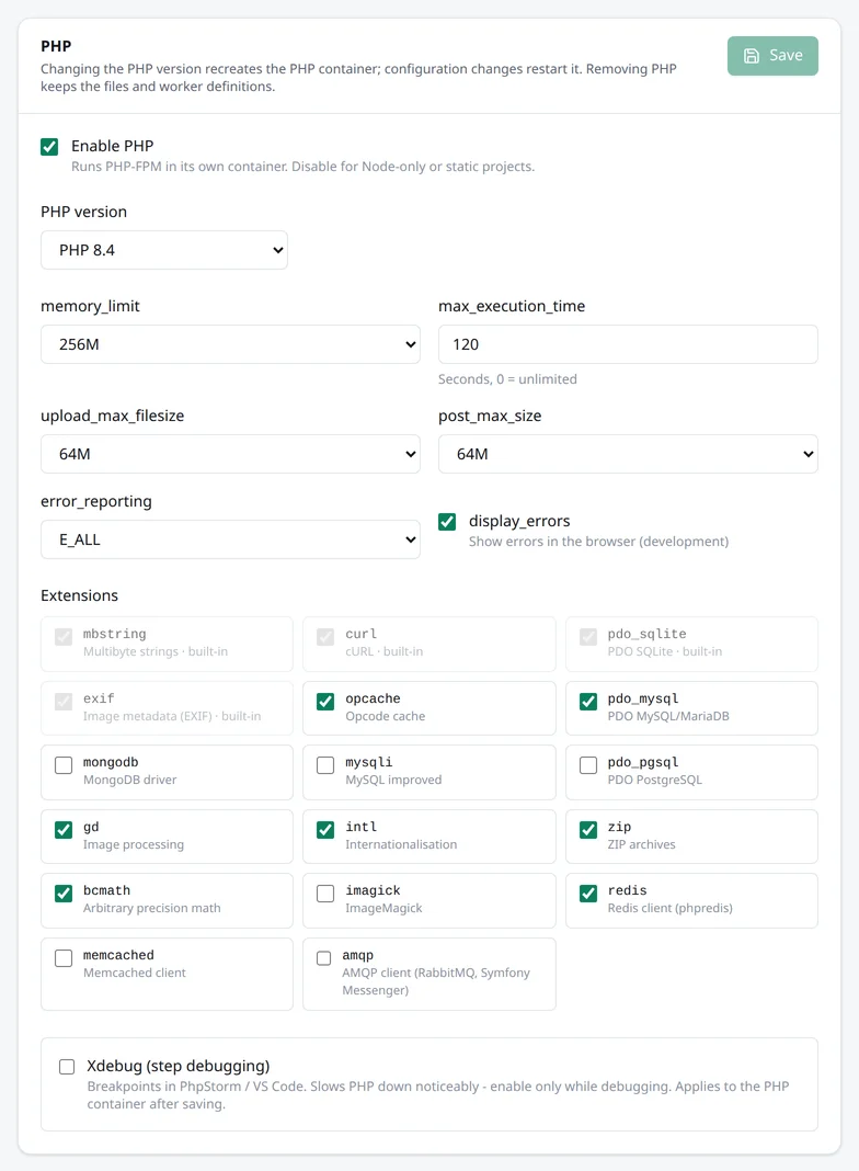 Die Karte PHP im Bereich Laufzeit: PHP-Version, memory_limit, Upload- und Laufzeitgrenzen, error_reporting und die Erweiterungen zum Einschalten