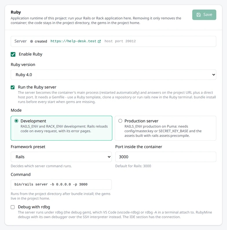 Die Karte Ruby im Bereich Laufzeit mit der Version, dem eingeschalteten Rails-Server, dem Modus, dem Port und der Option für rdbg