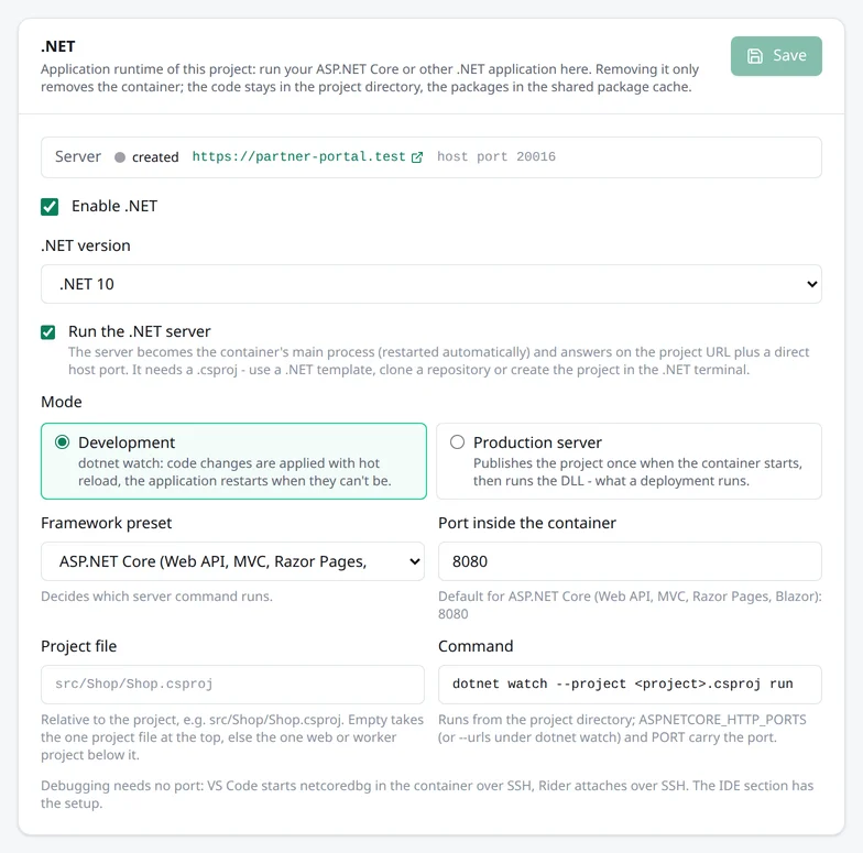 Die Karte .NET im Bereich Laufzeit mit der Version, dem eingeschalteten ASP.NET-Core-Server, dem Modus, der Projektdatei und dem Port