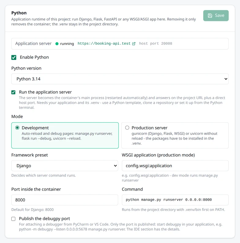 Die Karte Python im Bereich Laufzeit mit dem laufenden Anwendungsserver, dem Entwicklungsmodus, dem Django-Preset, der WSGI-Anwendung und der Option für debugpy
