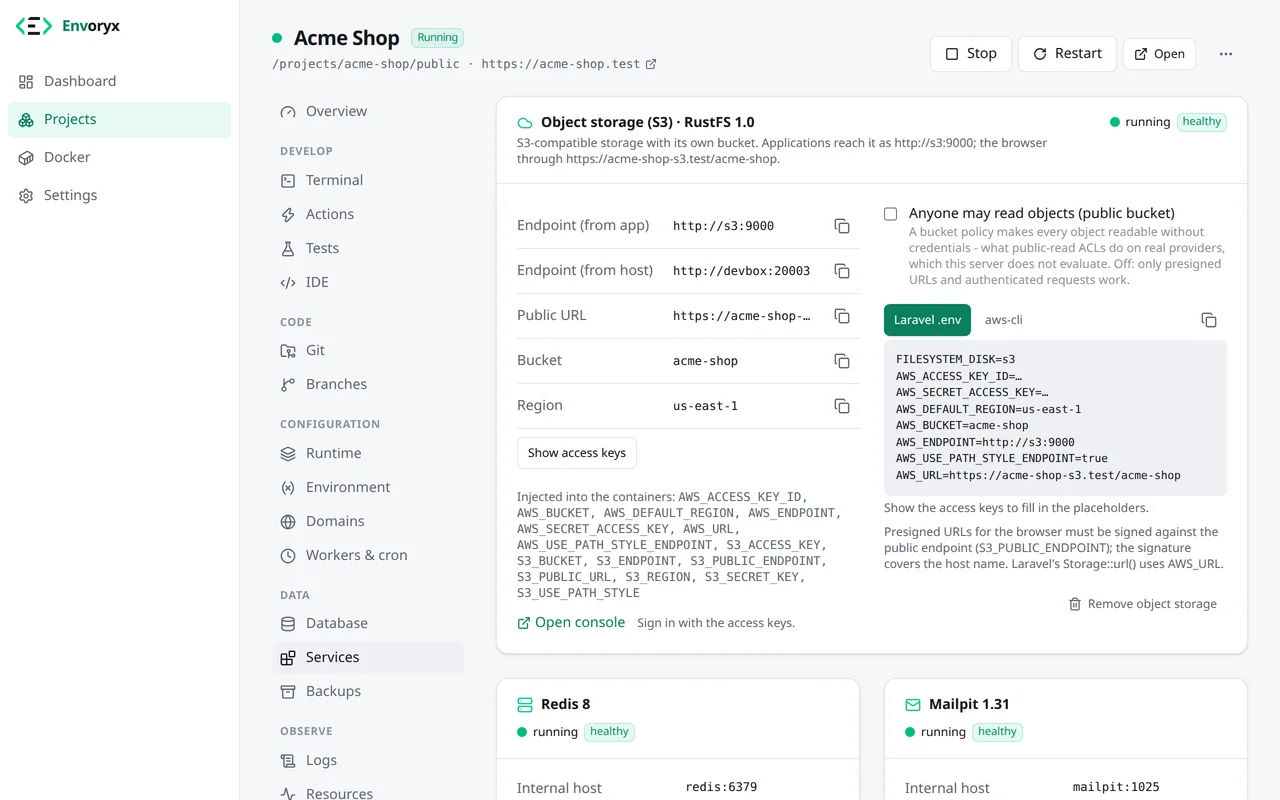 Der Bereich Dienste eines Projekts mit der Karte des Objektspeichers oben und den Karten von Redis und Mailpit darunter