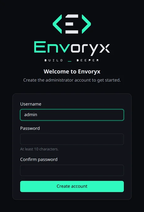 Das Einrichtungsformular von Envoryx mit Feldern für Benutzername, Passwort und Passwort-Bestätigung und dem Button „Konto erstellen“