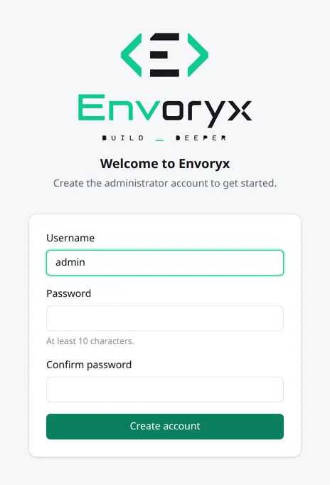 Das Einrichtungsformular von Envoryx mit Feldern für Benutzername, Passwort und Passwort-Bestätigung und dem Button „Konto erstellen“