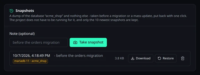 Die Karte Snapshots mit Notizfeld, dem Button „Snapshot erstellen“ und einem Snapshot mit der Notiz „before the orders migration“