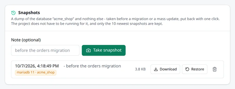 Die Karte Snapshots mit Notizfeld, dem Button „Snapshot erstellen“ und einem Snapshot mit der Notiz „before the orders migration“