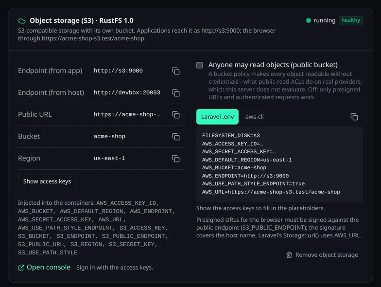 Die Karte des Objektspeichers: Endpunkte aus der Anwendung und vom Host, öffentliche URL, Bucket und Region, ein fertiger .env-Block für Laravel und der Link „Konsole öffnen“