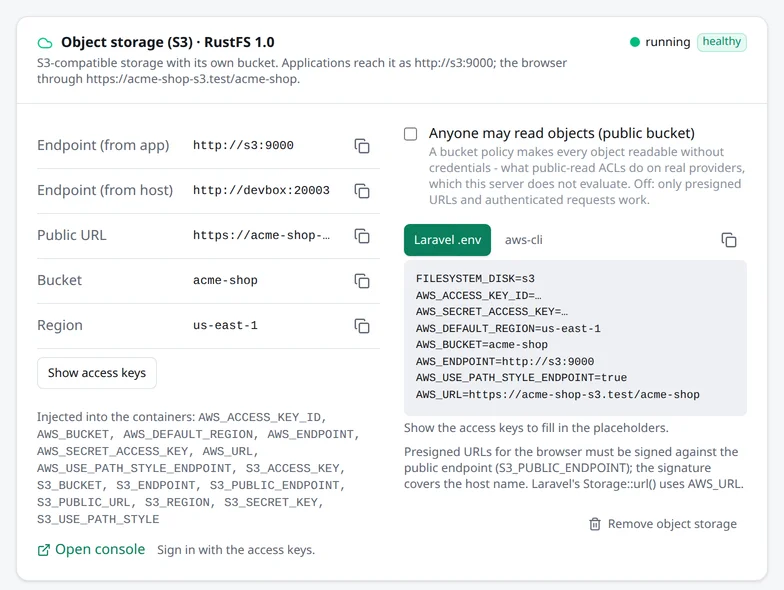 Die Karte des Objektspeichers: Endpunkte aus der Anwendung und vom Host, öffentliche URL, Bucket und Region, ein fertiger .env-Block für Laravel und der Link „Konsole öffnen“