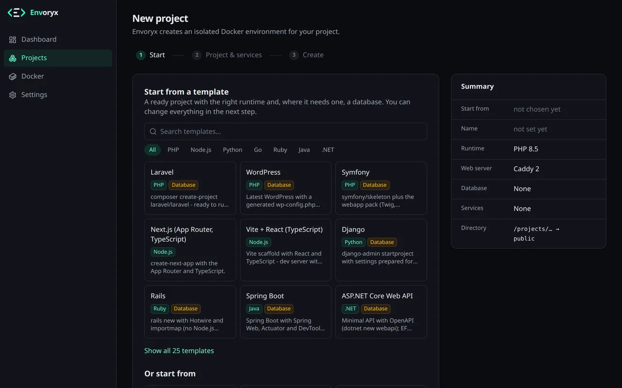 Der erste Schritt des Assistenten: eine Galerie mit Templates wie Laravel, WordPress, Symfony, Next.js und Django, ein Runtime-Filter und darunter Git-Repository, Bestehende Website und Leeres Projekt