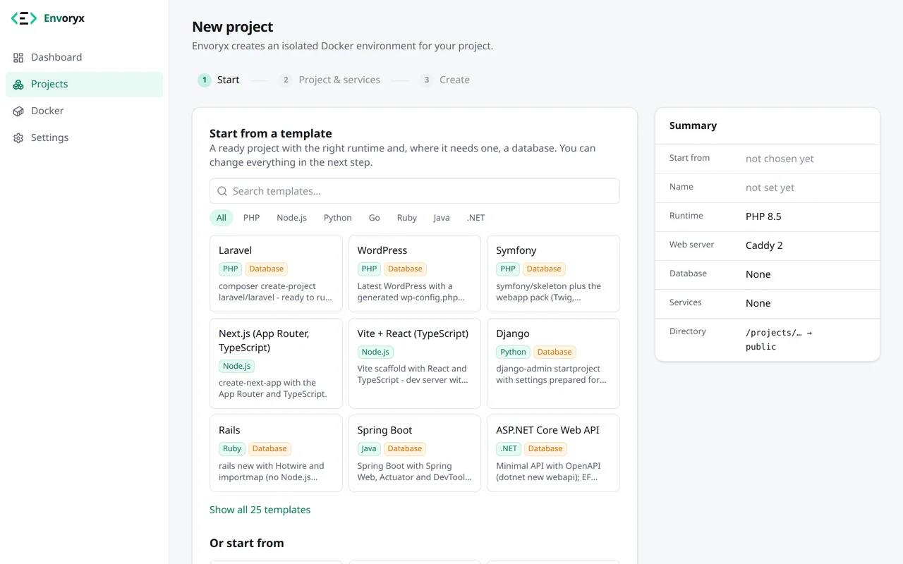 Der erste Schritt des Assistenten: eine Galerie mit Templates wie Laravel, WordPress, Symfony, Next.js und Django, ein Runtime-Filter und darunter Git-Repository, Bestehende Website und Leeres Projekt