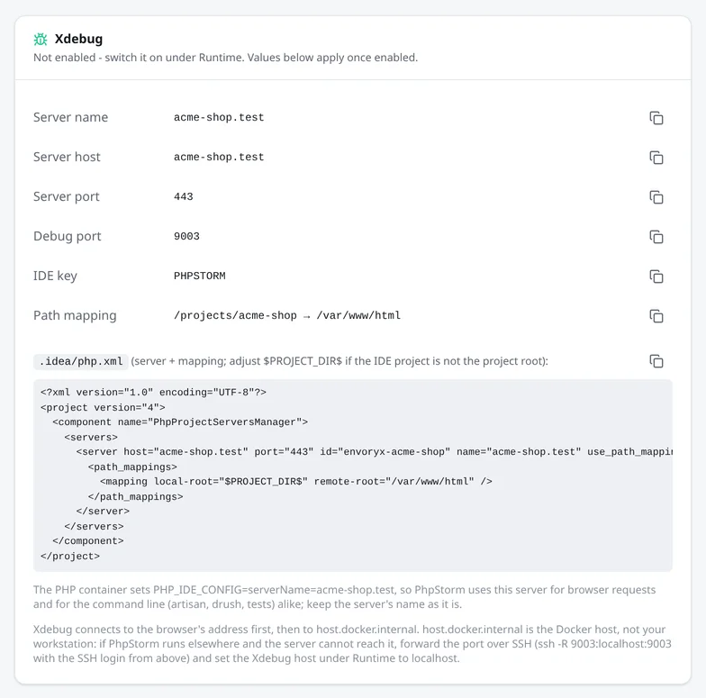 Die Karte Xdebug im Bereich IDE: Servername und Host, Server-Port 443, Debug-Port 9003, IDE-Key, Pfadzuordnung und eine fertige .idea/php.xml